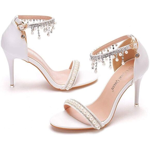 Wedding Beaded Tassels Ankle Strap Pearl High Heel Stiletto Heels Peep Toe Heels - Picture 3 of 8